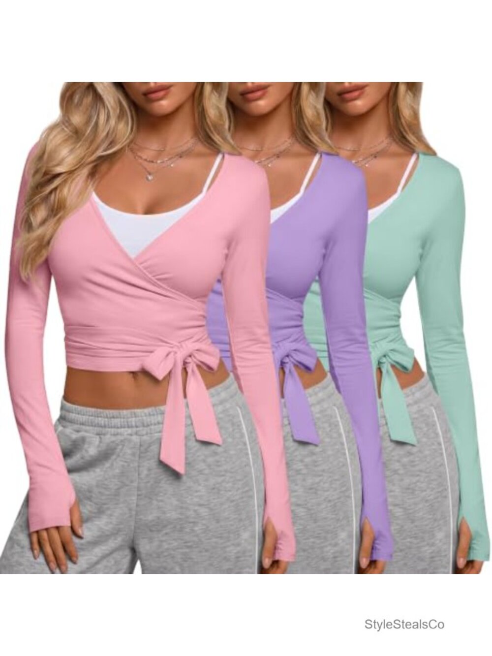 3 Pack Womens Pilates Wrap Tops Cotton Blend Thumb Holes Cover Up